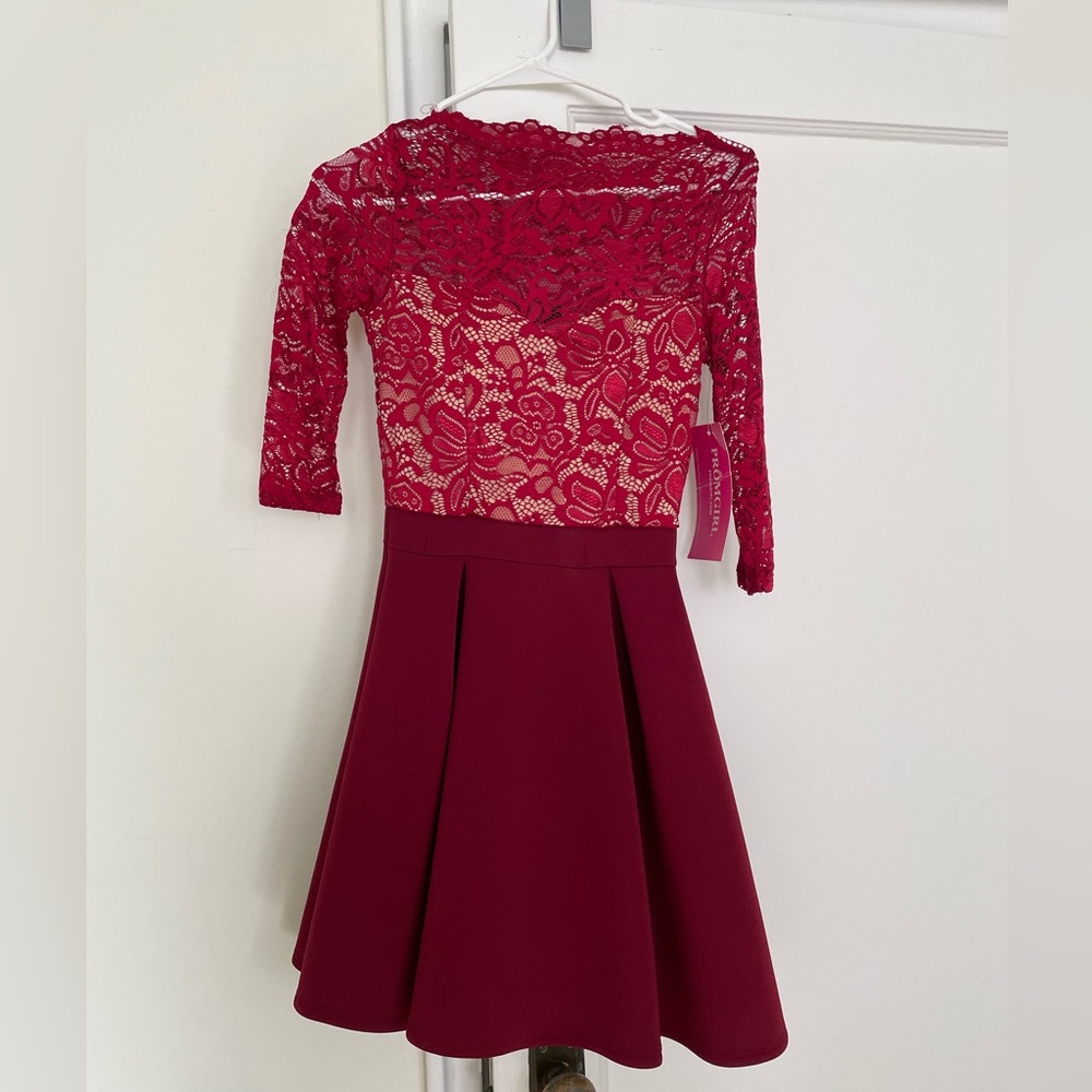 Red lace cocktail dress with skater skirt